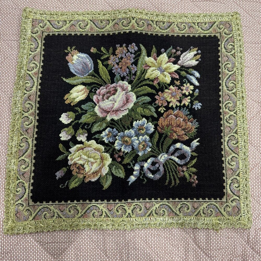 Vintage Flemish Tapestries France Floral With Gold Trim - 13.8" x 13.8" Wall Pil